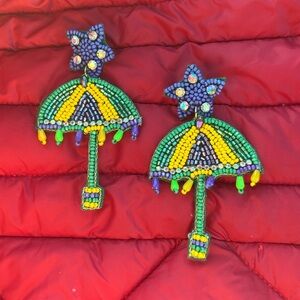 Mardi Gras Beaded Umbrella Earrings New Orleans Handmade Dangle Drop Parasol